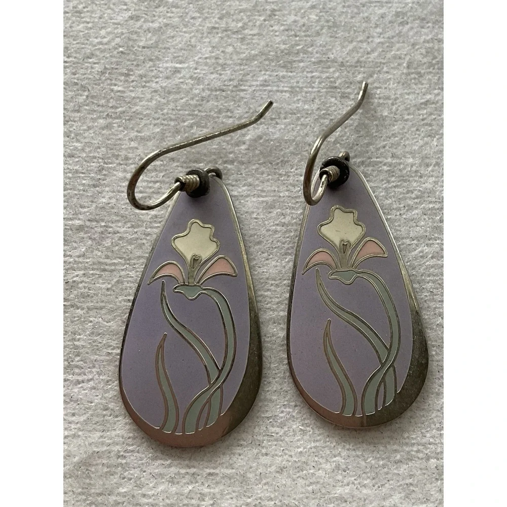 vintage Laurel Burch Wild Iris earrings Dangle Teardrop Purple Enamel